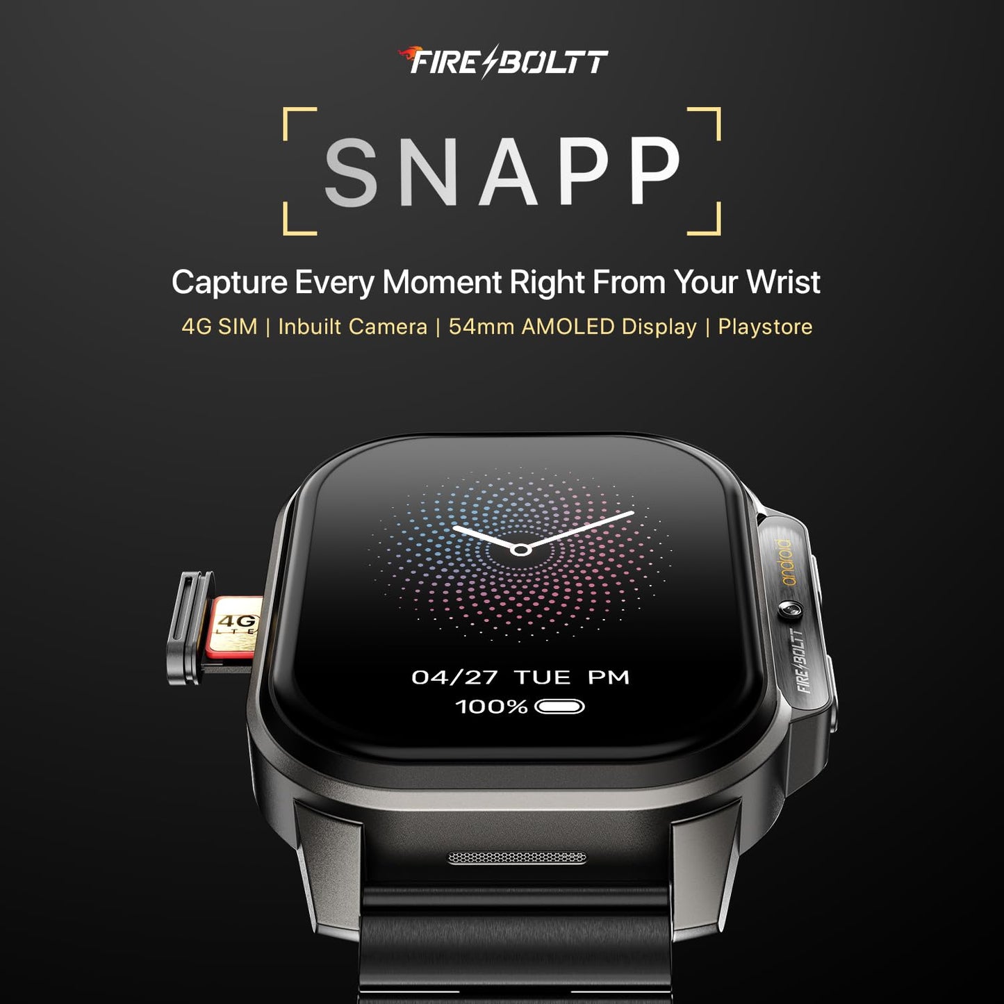 Fire-Boltt Snapp Smart Watch, Selfie Camera, 4G Nano-SIM Slot, 54.1mm AMOLED Display, Play Store- Unlimited apps, 1000mAh Battery, 2GB/4GB RAM (Jet Black Luxe)